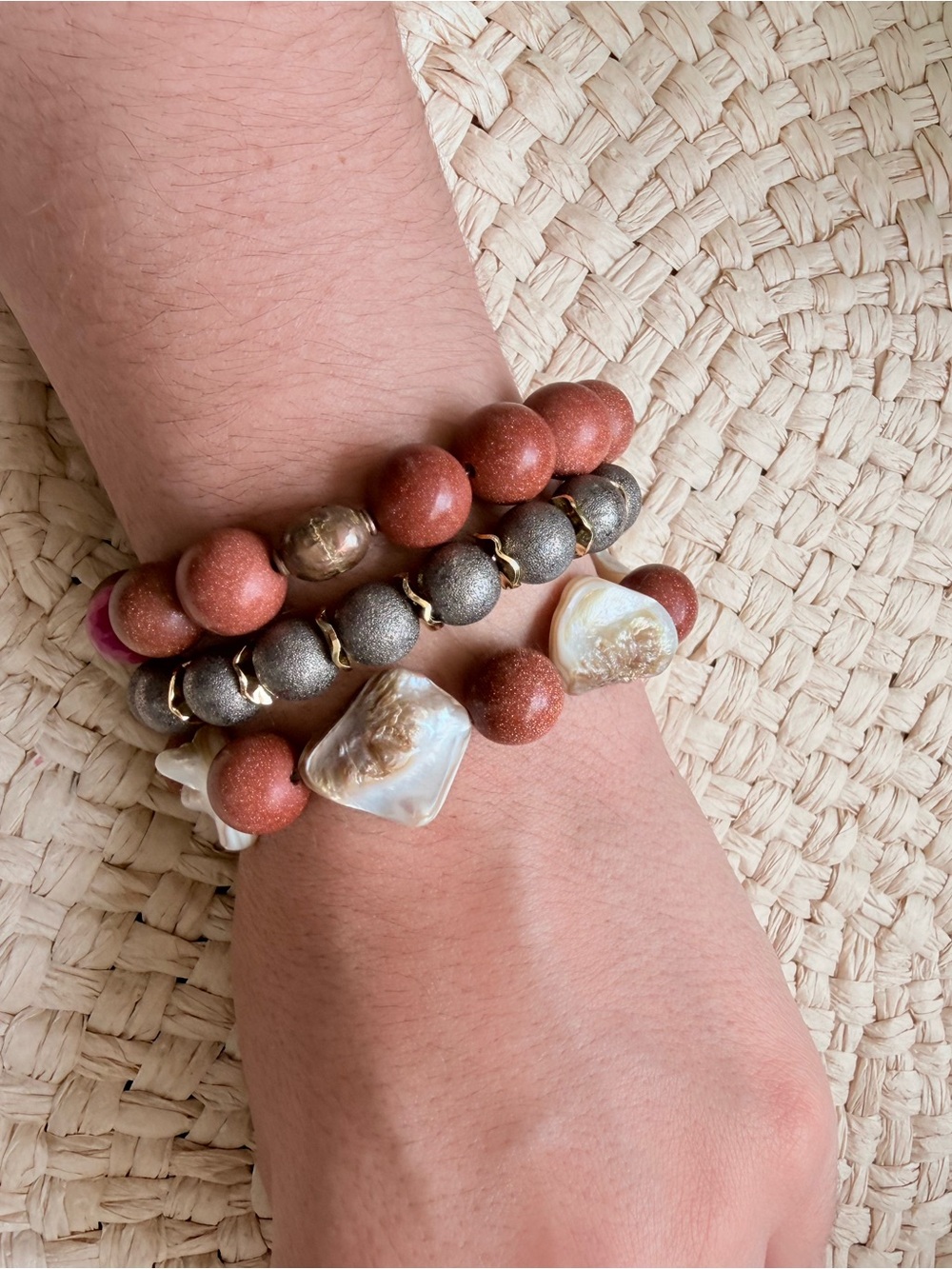 Goldstone and Gray Bead Stretch Bracelet Set